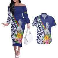 New Caledonia Kagu Bird Couples Matching Off The Shoulder Long Sleeve Dress and Hawaiian Shirt Polynesian Tropical Flowers LT9 Blue - Polynesian Pride