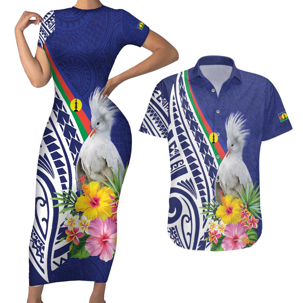 New Caledonia Kagu Bird Couples Matching Short Sleeve Bodycon Dress and Hawaiian Shirt Polynesian Tropical Flowers LT9 Blue - Polynesian Pride