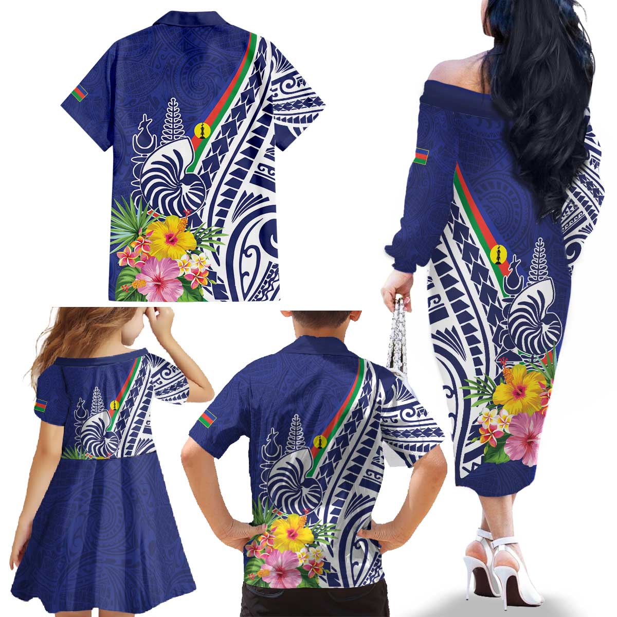 New Caledonia Kagu Bird Family Matching Off The Shoulder Long Sleeve Dress and Hawaiian Shirt Polynesian Tropical Flowers LT9 - Polynesian Pride