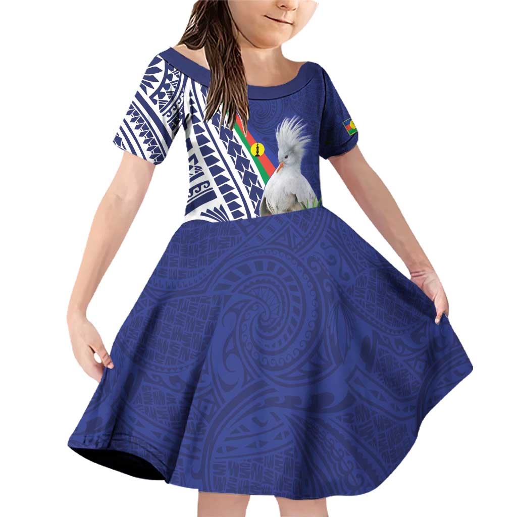 New Caledonia Kagu Bird Family Matching Off Shoulder Short Dress and Hawaiian Shirt Polynesian Tropical Flowers LT9 Daughter's Dress Blue - Polynesian Pride