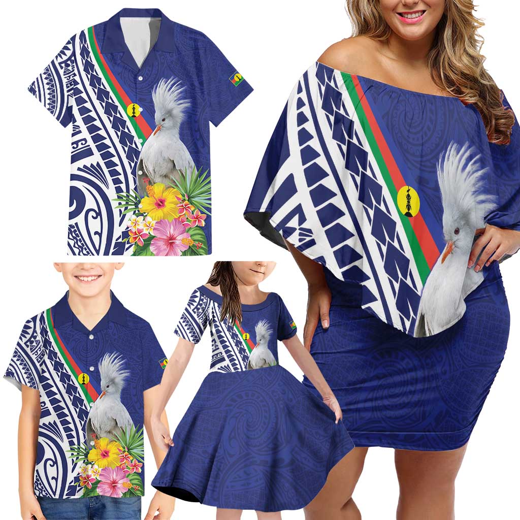 New Caledonia Kagu Bird Family Matching Off Shoulder Short Dress and Hawaiian Shirt Polynesian Tropical Flowers LT9 - Polynesian Pride