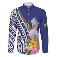 New Caledonia Kagu Bird Family Matching Off Shoulder Short Dress and Hawaiian Shirt Polynesian Tropical Flowers LT9 Dad's Shirt - Long Sleeve Blue - Polynesian Pride