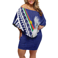 New Caledonia Kagu Bird Family Matching Off Shoulder Short Dress and Hawaiian Shirt Polynesian Tropical Flowers LT9 Mom's Dress Blue - Polynesian Pride