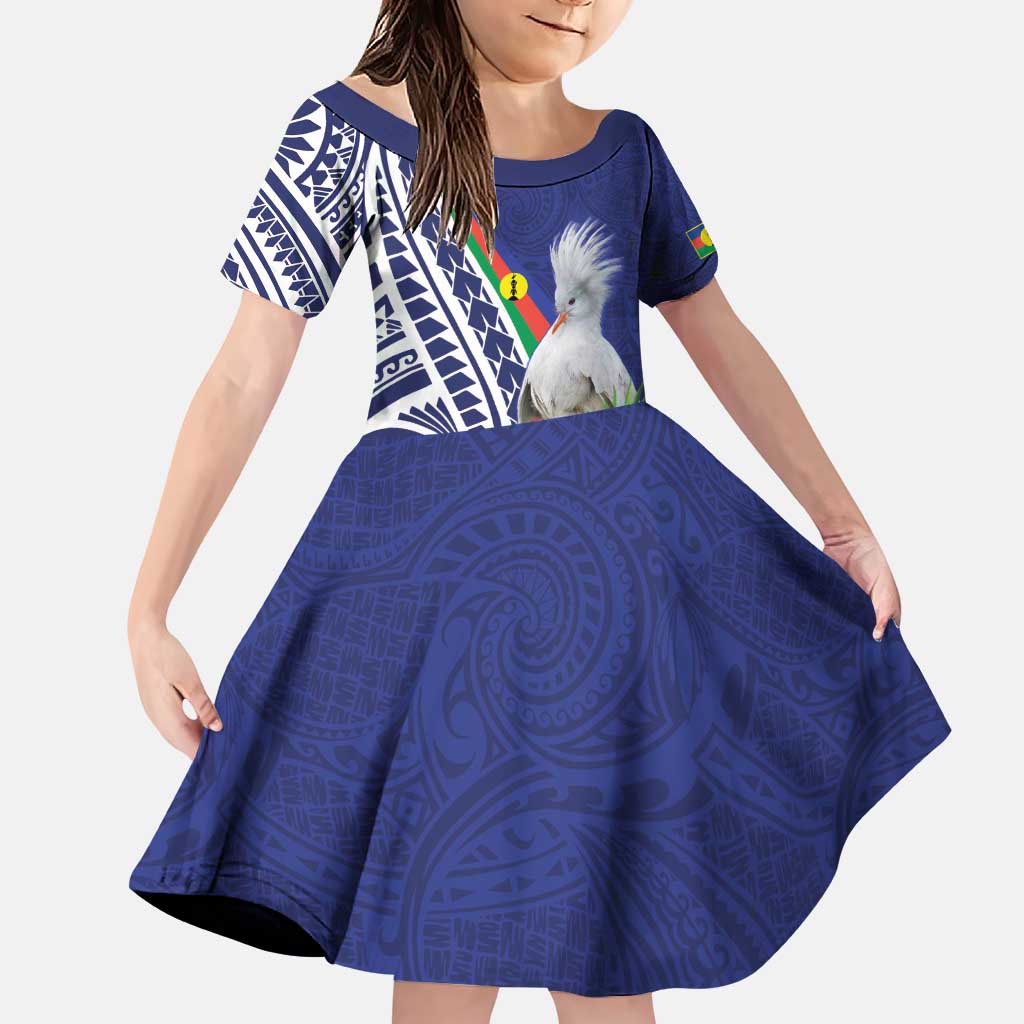 New Caledonia Kagu Bird Family Matching Puletasi and Hawaiian Shirt Polynesian Tropical Flowers LT9 Daughter's Dress Blue - Polynesian Pride