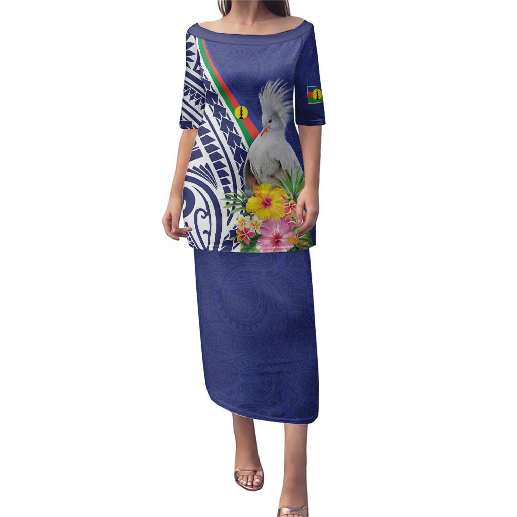 New Caledonia Kagu Bird Family Matching Puletasi and Hawaiian Shirt Polynesian Tropical Flowers LT9 Mom's Dress Blue - Polynesian Pride