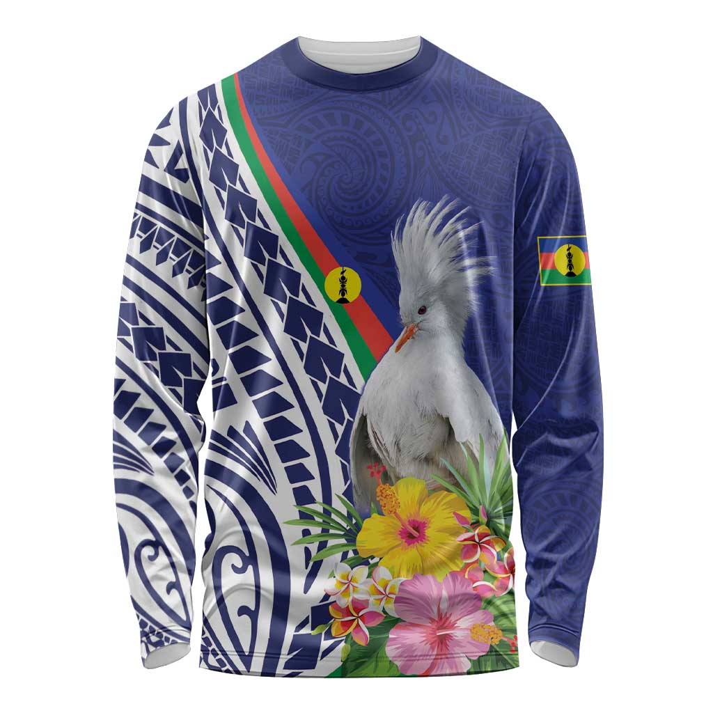 New Caledonia Kagu Bird Long Sleeve Shirt Polynesian Tropical Flowers LT9 Unisex Blue - Polynesian Pride