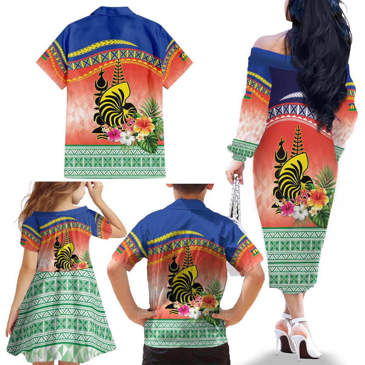 New Caledonia Nautilus Shell Family Matching Off The Shoulder Long Sleeve Dress and Hawaiian Shirt Polynesian Tropical Flowers LT9 - Polynesian Pride