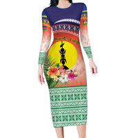 New Caledonia Nautilus Shell Long Sleeve Bodycon Dress Polynesian Tropical Flowers LT9 Long Dress Red - Polynesian Pride