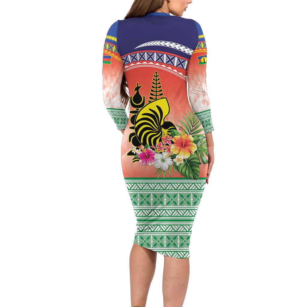 New Caledonia Nautilus Shell Long Sleeve Bodycon Dress Polynesian Tropical Flowers LT9 - Polynesian Pride