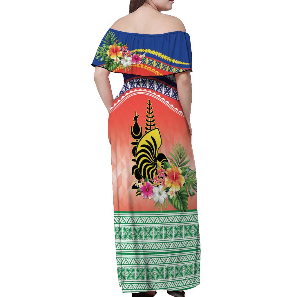 New Caledonia Nautilus Shell Off Shoulder Maxi Dress Polynesian Tropical Flowers LT9 - Polynesian Pride