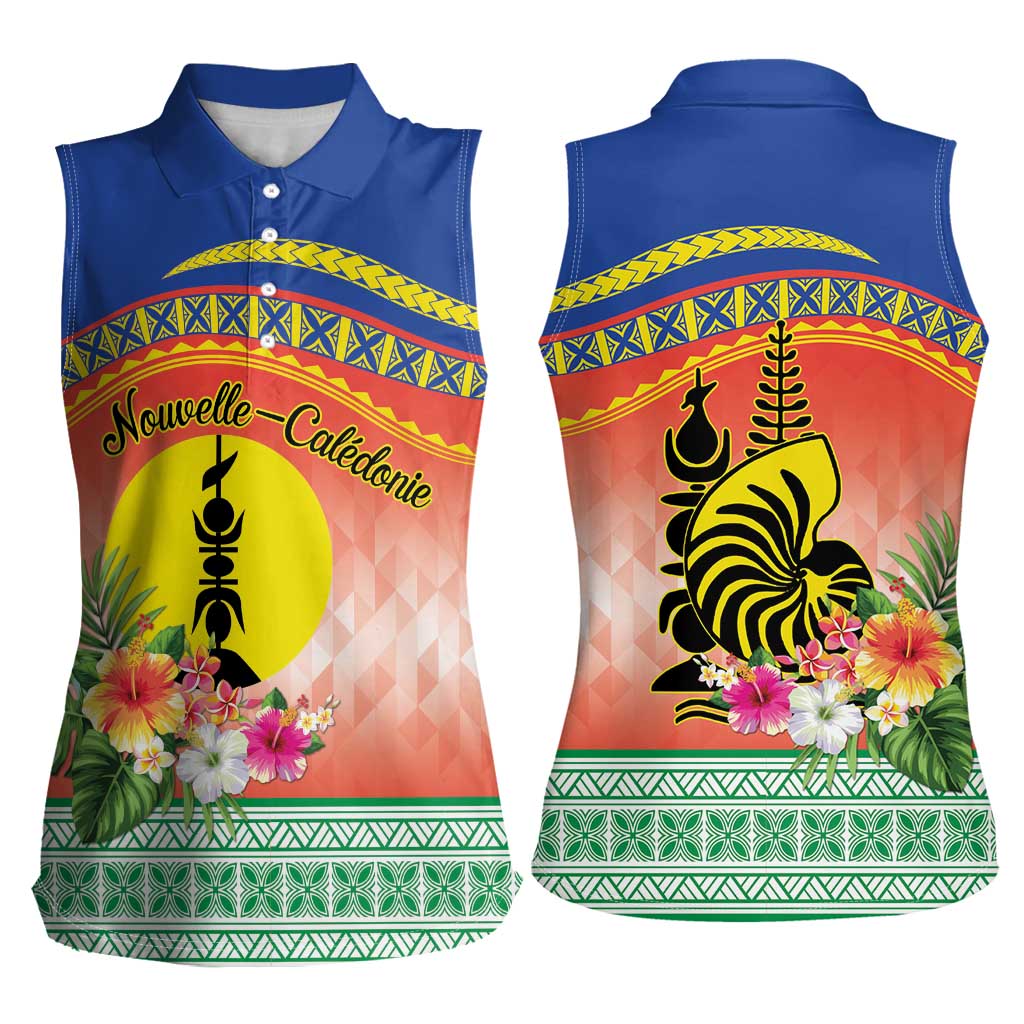 New Caledonia Nautilus Shell Women Sleeveless Polo Shirt Polynesian Tropical Flowers