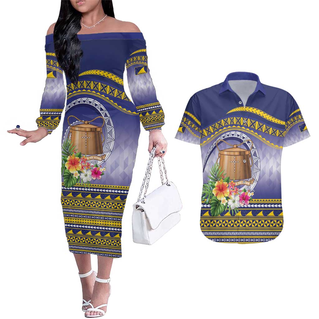 Tokelau Tuluma Couples Matching Off The Shoulder Long Sleeve Dress and Hawaiian Shirt Polynesian Tropical Flowers LT9 Blue - Polynesian Pride