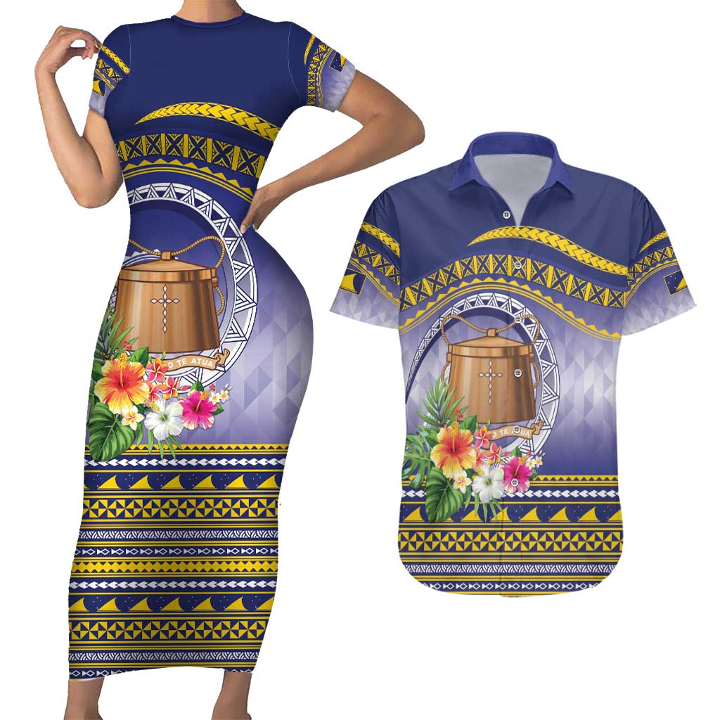 Tokelau Tuluma Couples Matching Short Sleeve Bodycon Dress and Hawaiian Shirt Polynesian Tropical Flowers LT9 Blue - Polynesian Pride