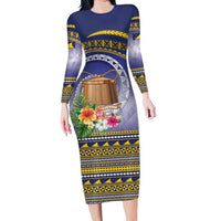 Tokelau Tuluma Family Matching Long Sleeve Bodycon Dress and Hawaiian Shirt Polynesian Tropical Flowers LT9 Mom's Dress Blue - Polynesian Pride