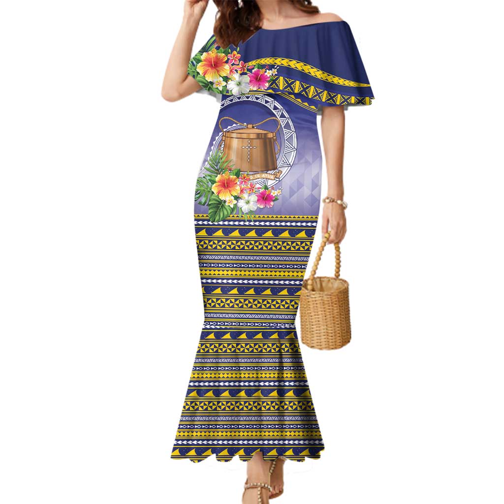 Tokelau Tuluma Family Matching Mermaid Dress and Hawaiian Shirt Polynesian Tropical Flowers LT9 Mom's Dress Blue - Polynesian Pride