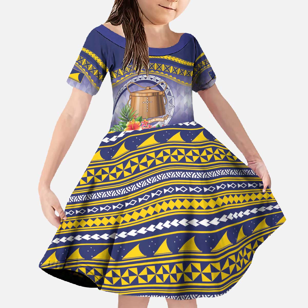 Tokelau Tuluma Family Matching Off The Shoulder Long Sleeve Dress and Hawaiian Shirt Polynesian Tropical Flowers LT9 Daughter's Dress Blue - Polynesian Pride
