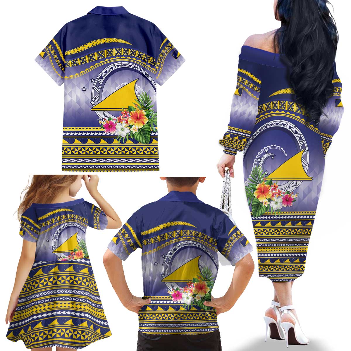 Tokelau Tuluma Family Matching Off The Shoulder Long Sleeve Dress and Hawaiian Shirt Polynesian Tropical Flowers LT9 - Polynesian Pride