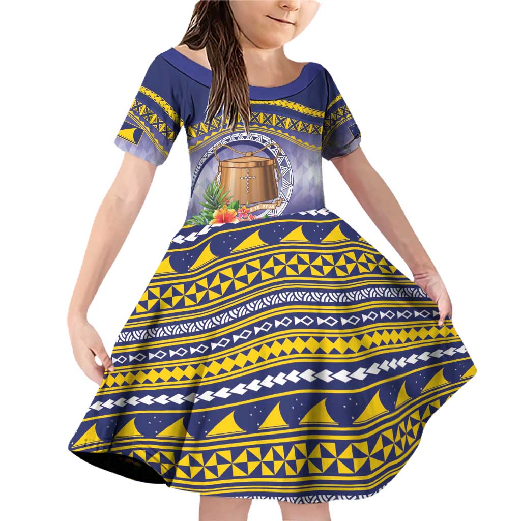Tokelau Tuluma Family Matching Off Shoulder Short Dress and Hawaiian Shirt Polynesian Tropical Flowers LT9 Daughter's Dress Blue - Polynesian Pride