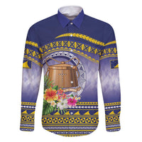 Tokelau Tuluma Family Matching Off Shoulder Short Dress and Hawaiian Shirt Polynesian Tropical Flowers LT9 Dad's Shirt - Long Sleeve Blue - Polynesian Pride
