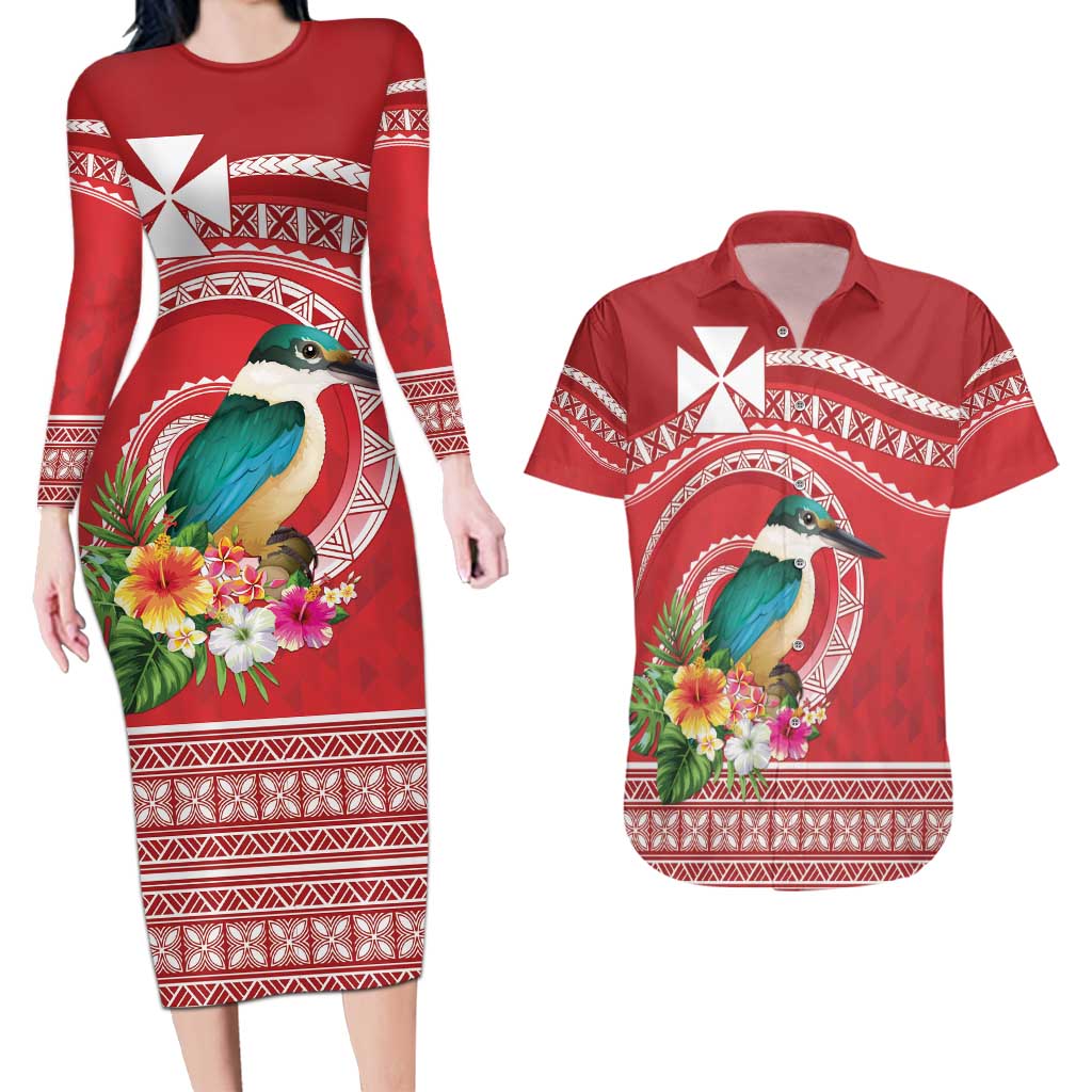 Wallis et Futuna Kingfisher Couples Matching Long Sleeve Bodycon Dress and Hawaiian Shirt Polynesian Tropical Flowers LT9 Red - Polynesian Pride