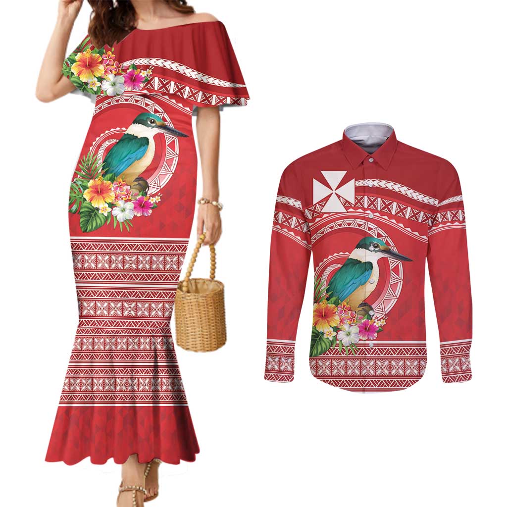 Wallis et Futuna Kingfisher Couples Matching Mermaid Dress and Long Sleeve Button Shirt Polynesian Tropical Flowers