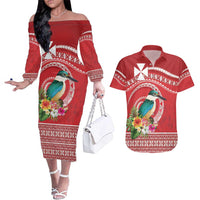 Wallis et Futuna Kingfisher Couples Matching Off The Shoulder Long Sleeve Dress and Hawaiian Shirt Polynesian Tropical Flowers LT9 Red - Polynesian Pride