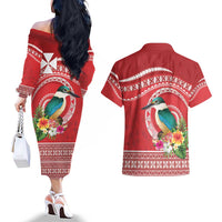 Wallis et Futuna Kingfisher Couples Matching Off The Shoulder Long Sleeve Dress and Hawaiian Shirt Polynesian Tropical Flowers LT9 - Polynesian Pride