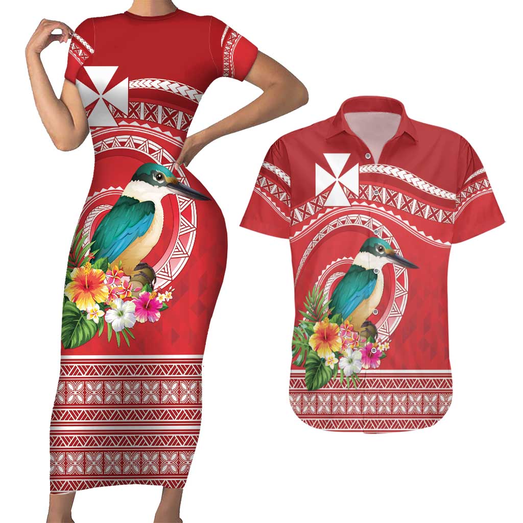 Wallis et Futuna Kingfisher Couples Matching Short Sleeve Bodycon Dress and Hawaiian Shirt Polynesian Tropical Flowers LT9 Red - Polynesian Pride