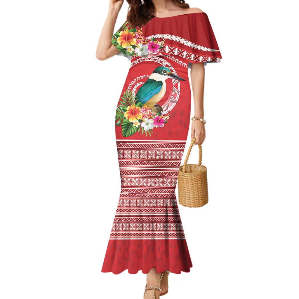 Wallis et Futuna Kingfisher Family Matching Mermaid Dress and Hawaiian Shirt Polynesian Tropical Flowers LT9 Mom's Dress Red - Polynesian Pride