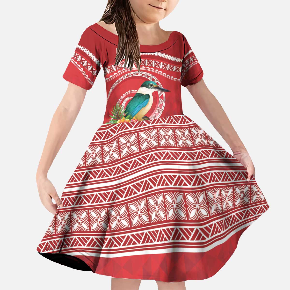 Wallis et Futuna Kingfisher Family Matching Off The Shoulder Long Sleeve Dress and Hawaiian Shirt Polynesian Tropical Flowers LT9 Daughter's Dress Red - Polynesian Pride