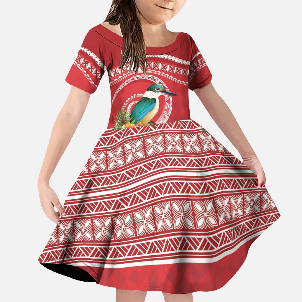 Wallis et Futuna Kingfisher Family Matching Off Shoulder Maxi Dress and Hawaiian Shirt Polynesian Tropical Flowers LT9 Daughter's Dress Red - Polynesian Pride
