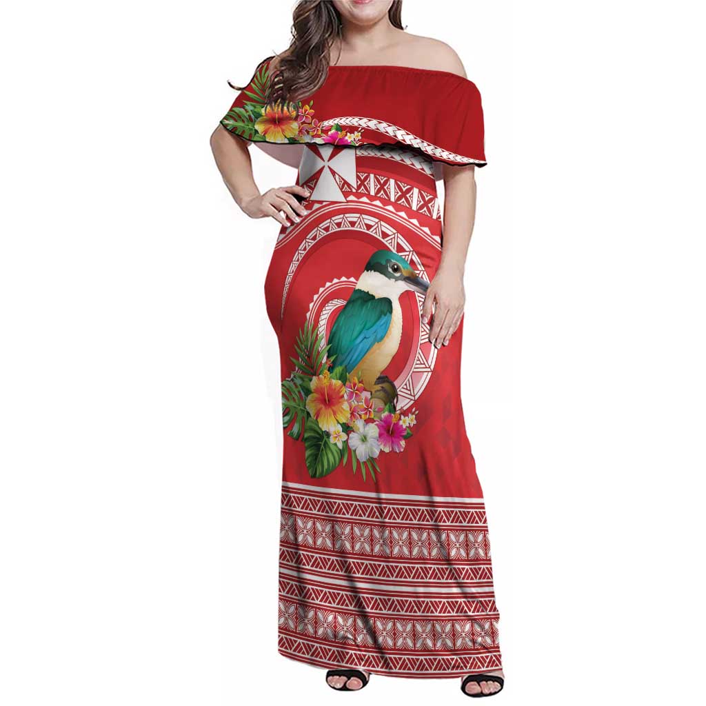 Wallis et Futuna Kingfisher Family Matching Off Shoulder Maxi Dress and Hawaiian Shirt Polynesian Tropical Flowers LT9 Mom's Dress Red - Polynesian Pride
