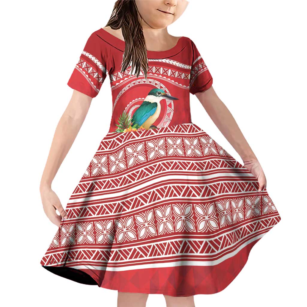 Wallis et Futuna Kingfisher Family Matching Off Shoulder Short Dress and Hawaiian Shirt Polynesian Tropical Flowers LT9 Daughter's Dress Red - Polynesian Pride