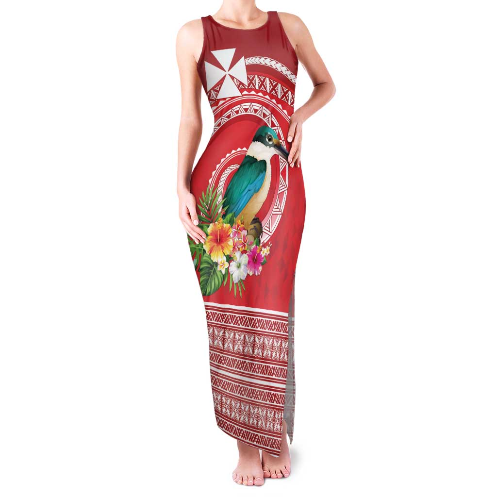 Wallis et Futuna Kingfisher Family Matching Tank Maxi Dress and Hawaiian Shirt Polynesian Tropical Flowers LT9 Mom's Dress Red - Polynesian Pride