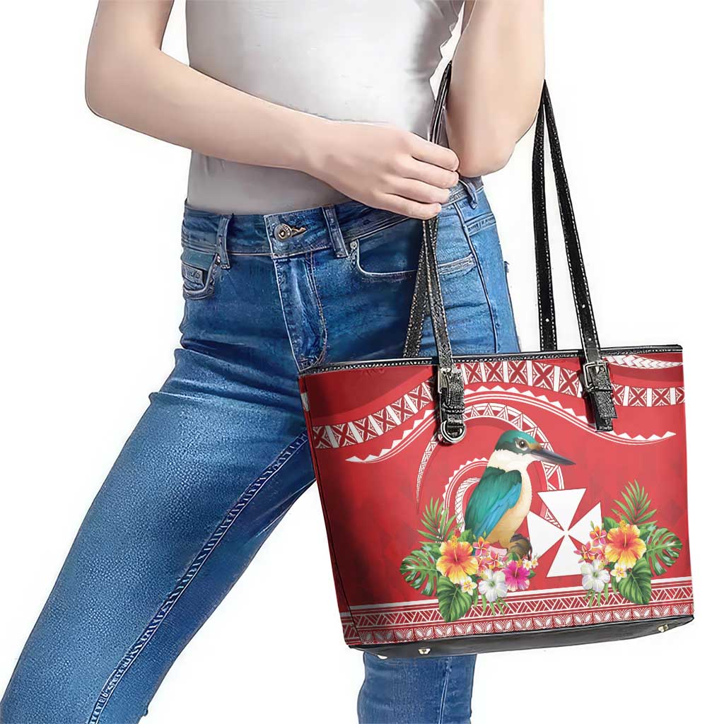 Wallis et Futuna Kingfisher Leather Tote Bag Polynesian Tropical Flowers