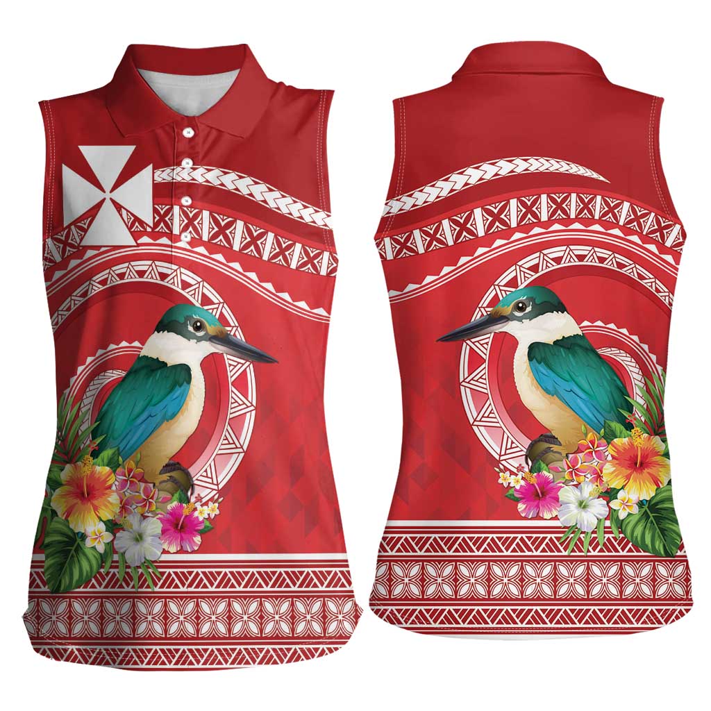 Wallis et Futuna Kingfisher Women Sleeveless Polo Shirt Polynesian Tropical Flowers