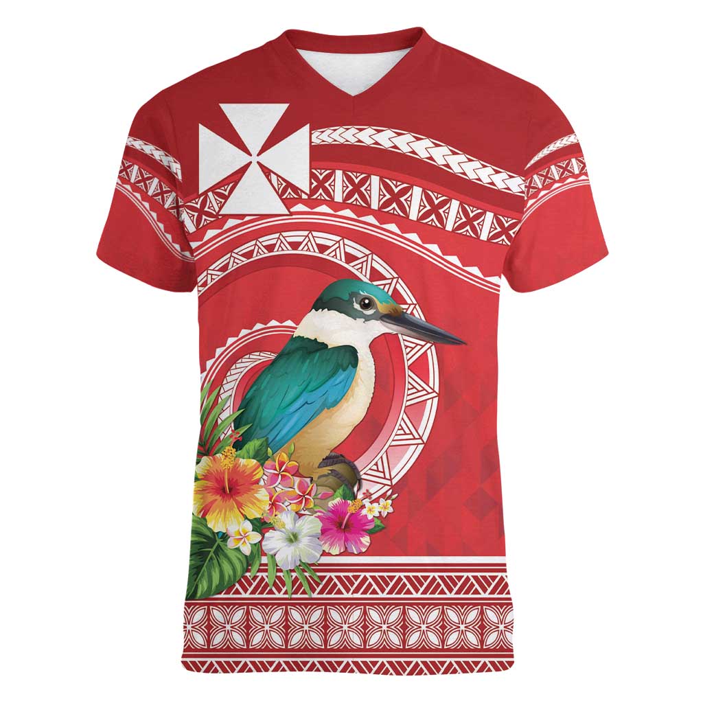 Wallis et Futuna Kingfisher Women V-Neck T-Shirt Polynesian Tropical Flowers