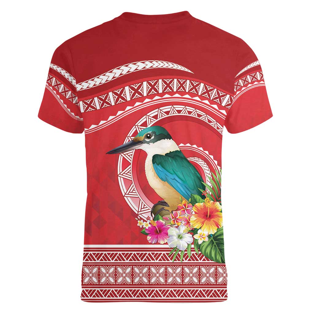 Wallis et Futuna Kingfisher Women V-Neck T-Shirt Polynesian Tropical Flowers