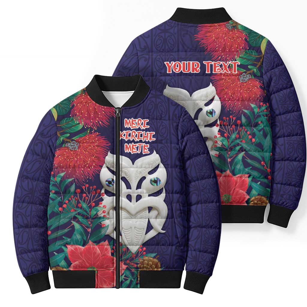 Maori Wheku Meri Kirihimete Personalised Bomber Puffer Jacket All Blue Indigenous Maori Motif - Polynesian Pride