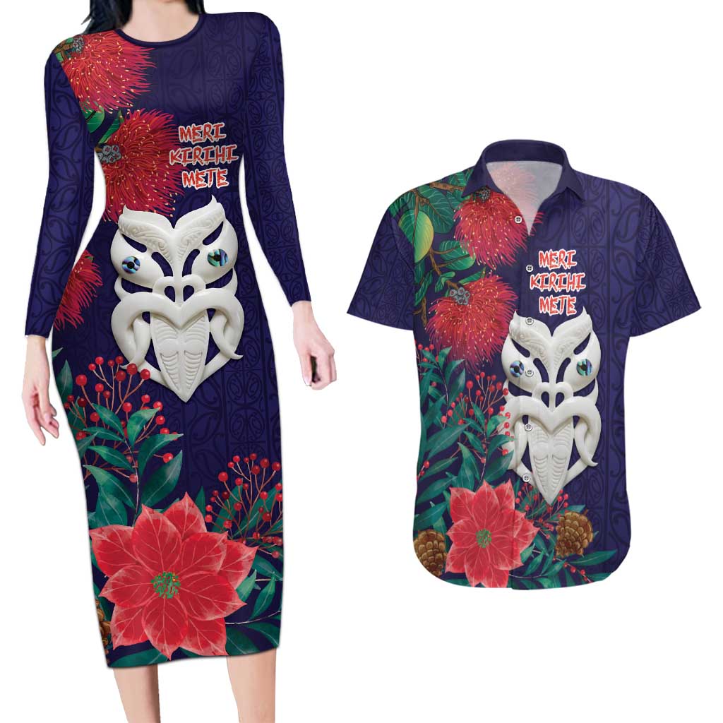 Maori Wheku Meri Kirihimete Personalised Couples Matching Long Sleeve Bodycon Dress and Hawaiian Shirt All Blue Indigenous Maori Motif - Polynesian Pride