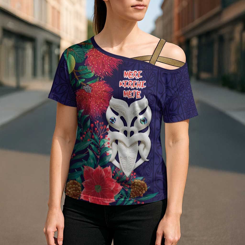 Maori Wheku Meri Kirihimete Personalised Cross Shoulder Shirt All Blue Indigenous Maori Motif - Polynesian Pride