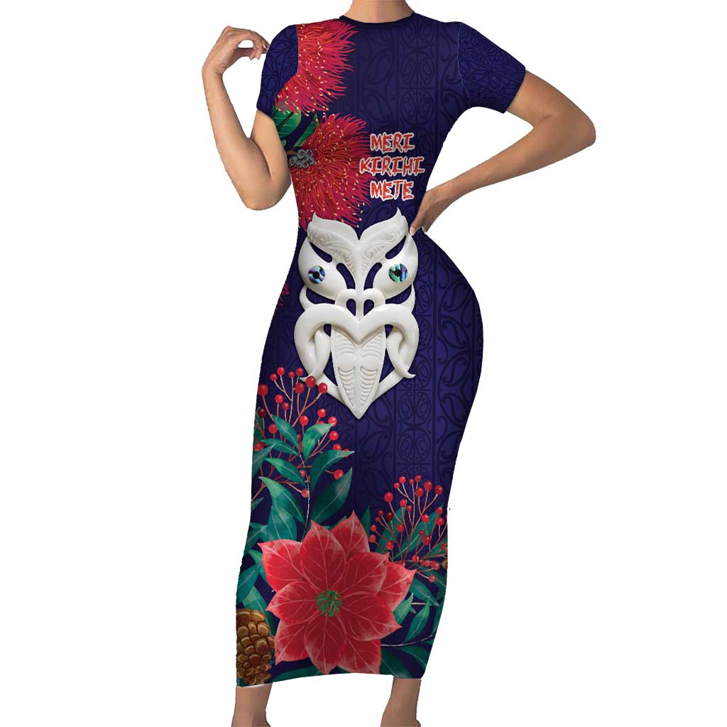 Maori Wheku Meri Kirihimete Personalised Family Matching Short Sleeve Bodycon Dress and Hawaiian Shirt All Blue Indigenous Maori Motif - Polynesian Pride