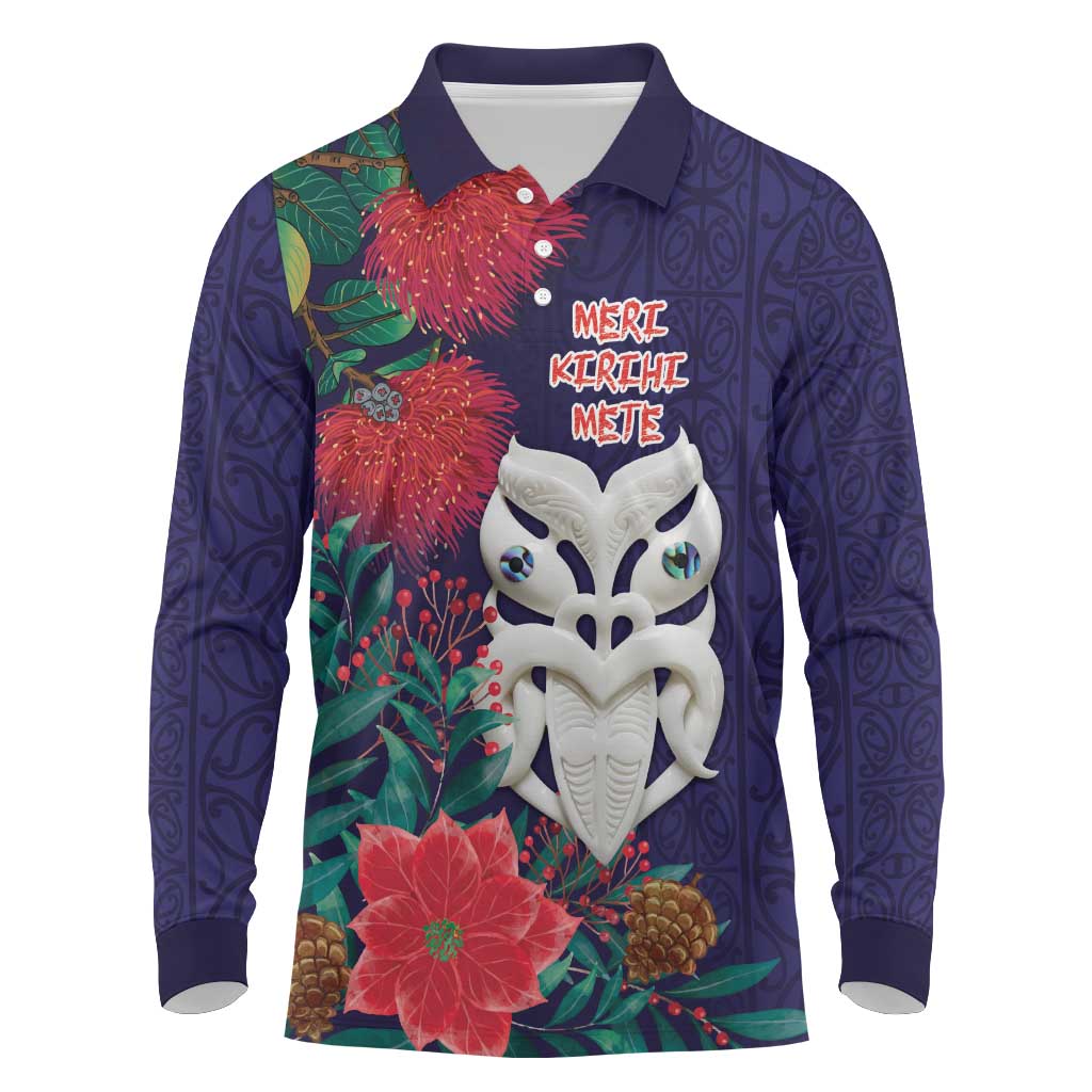 Maori Wheku Meri Kirihimete Personalised Long Sleeve Polo Shirt All Blue Indigenous Maori Motif - Polynesian Pride