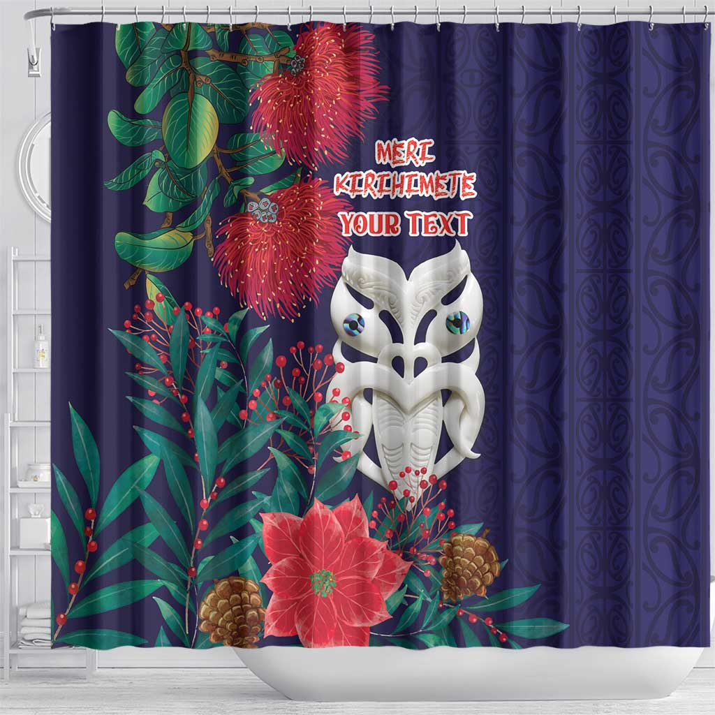 Maori Wheku Meri Kirihimete Personalised Shower Curtain All Blue Indigenous Maori Motif - Polynesian Pride