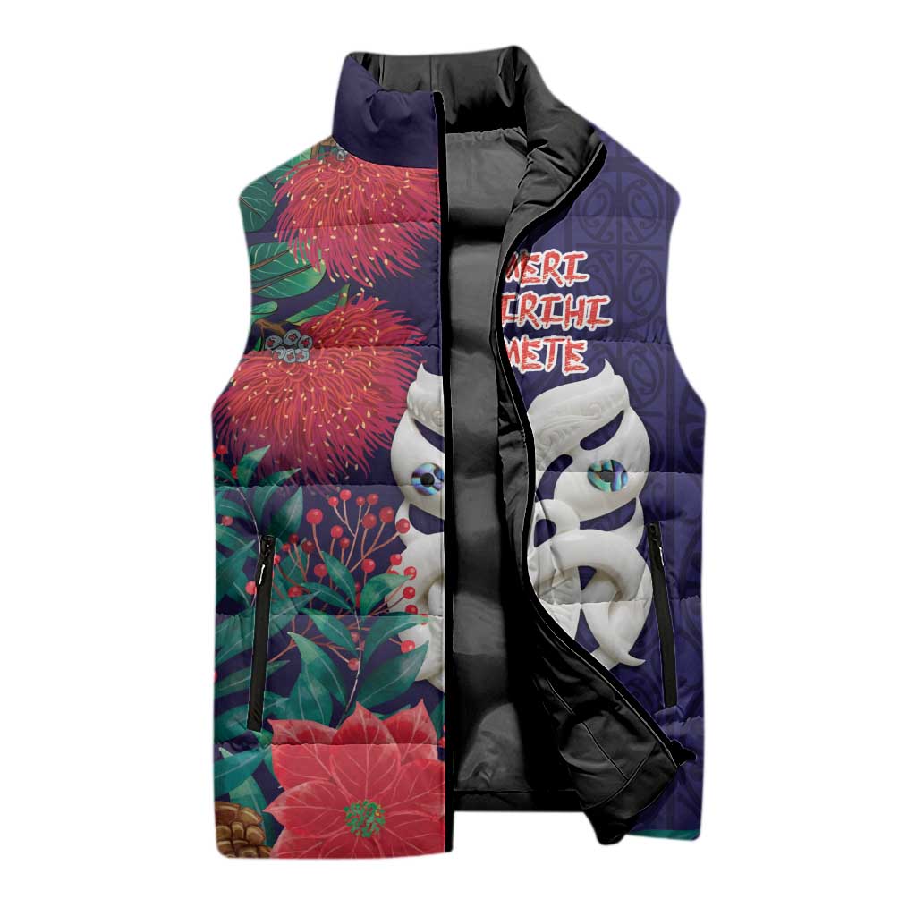 Maori Wheku Meri Kirihimete Personalised Sleeveless Puffer Jacket All Blue Indigenous Maori Motif - Polynesian Pride
