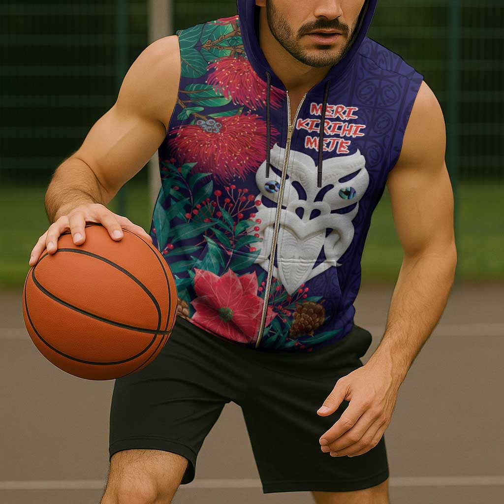 Maori Wheku Meri Kirihimete Personalised Sleeveless Zip Hoodie All Blue Indigenous Maori Motif - Polynesian Pride