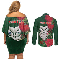 Maori Wheku Meri Kirihimete Personalised Couples Matching Off Shoulder Short Dress and Long Sleeve Button Shirt All Green Indigenous Maori Motif - Polynesian Pride