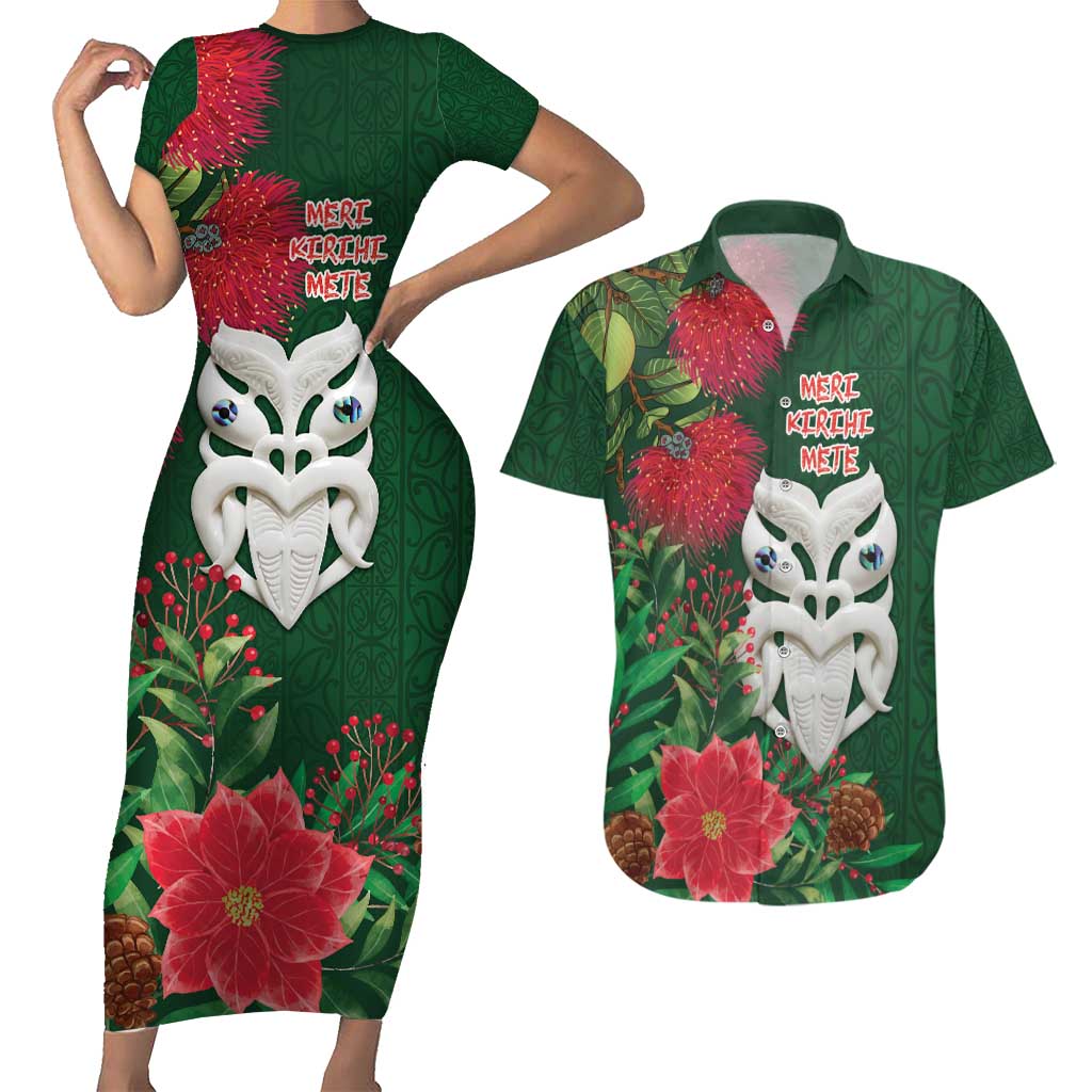 Maori Wheku Meri Kirihimete Personalised Couples Matching Short Sleeve Bodycon Dress and Hawaiian Shirt All Green Indigenous Maori Motif - Polynesian Pride