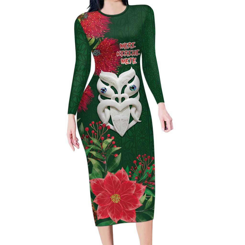 Maori Wheku Meri Kirihimete Personalised Family Matching Long Sleeve Bodycon Dress and Hawaiian Shirt All Green Indigenous Maori Motif - Polynesian Pride