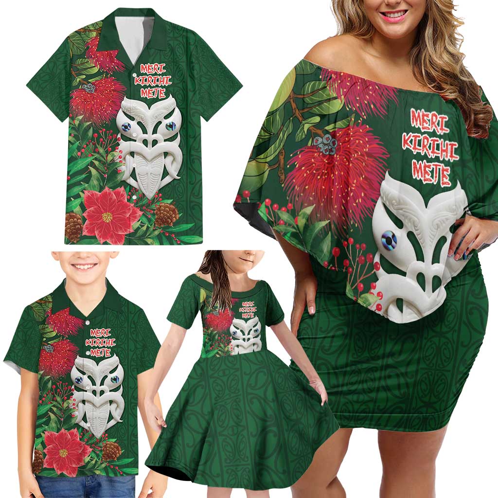 Maori Wheku Meri Kirihimete Personalised Family Matching Off Shoulder Short Dress and Hawaiian Shirt All Green Indigenous Maori Motif - Polynesian Pride